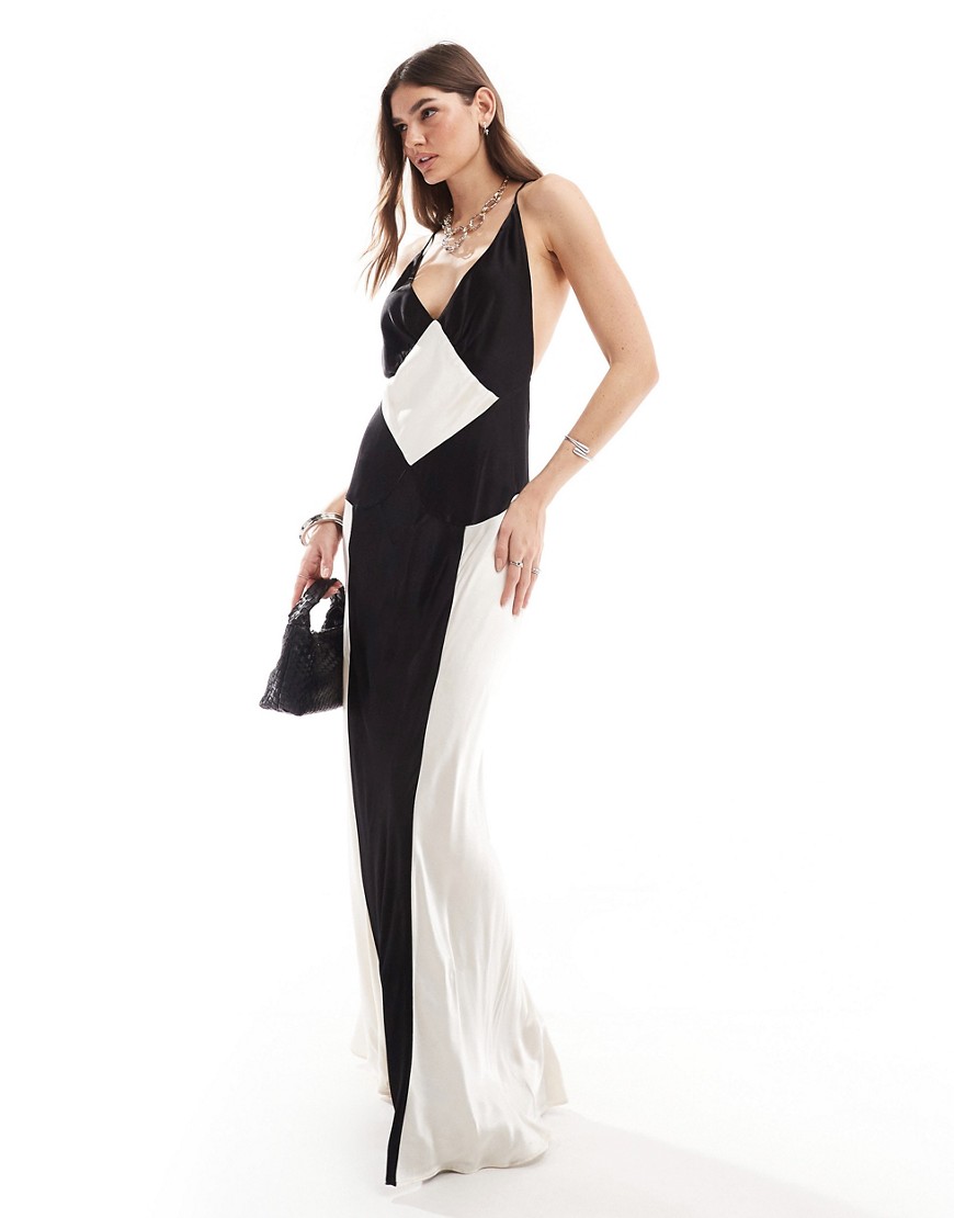 Bardot Satin Contrast Maxi Dress In Monochrome-black