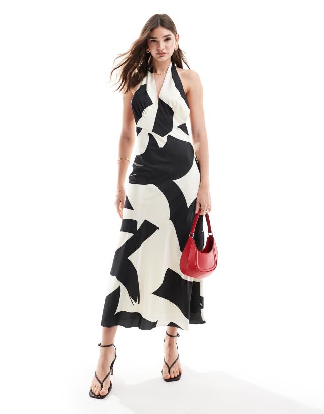 Bardot - satin halterneck maxi dress in abstract print in mono