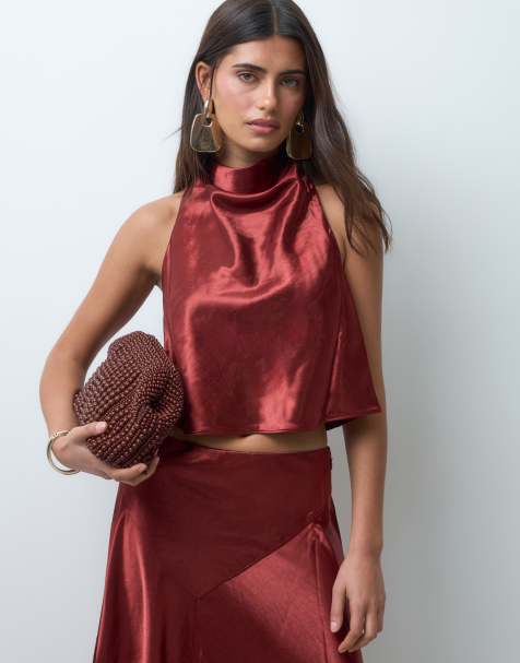 Bardot satin high cowl neck cropped backless top in rust