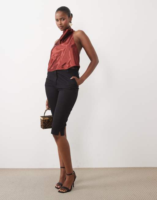Bardot satin high cowl neck cropped backless top in rust, 2 of 4