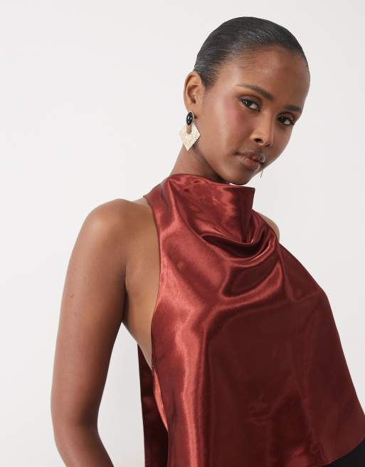 Bardot satin high cowl neck cropped backless top in rust, 3 of 4