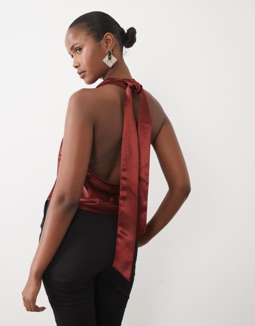 Bardot satin high cowl neck cropped backless top in rust, 4 of 4