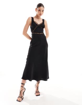 satin lace insert maxi dress in black