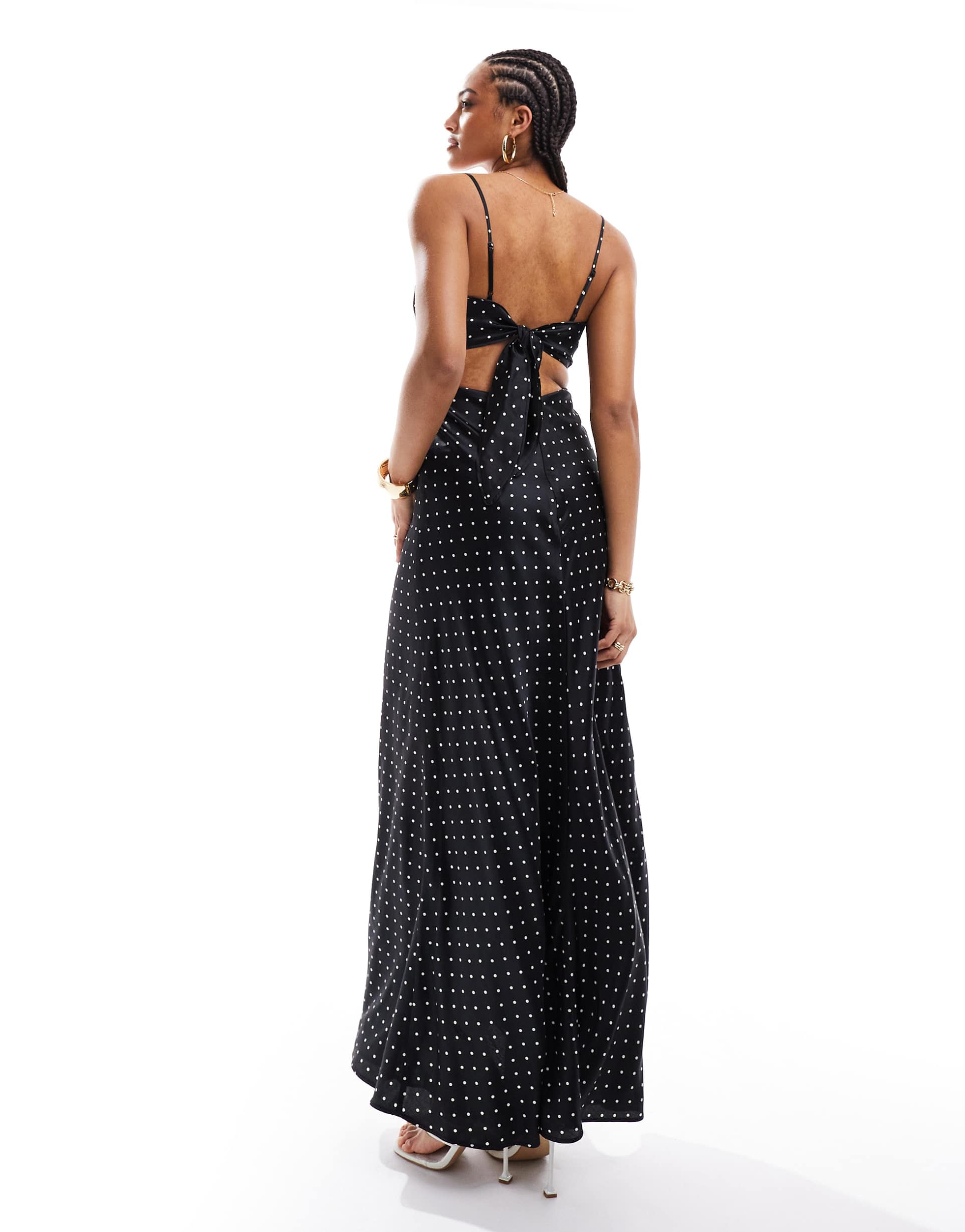 bardot satin maxi dress in black polka dot