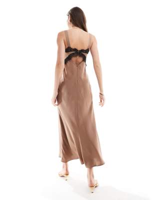 Bardot satin maxi dress with contrast lace insert in bronze | ASOS