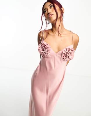 Bardot Satin Midi Dress In Pink Rose In Pink