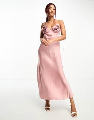 パーティードレス Silk Satin Rose Print Midi Dress Bardot satin midi dress in pink rose | ASOS