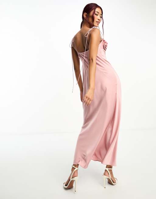 パーティードレス Silk Satin Rose Print Midi Dress One And Only Light Pink Satin Feather Trim Bandeau Midi