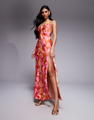 Bardot Satin Plunge Cami Backless Maxi Dress In Pink