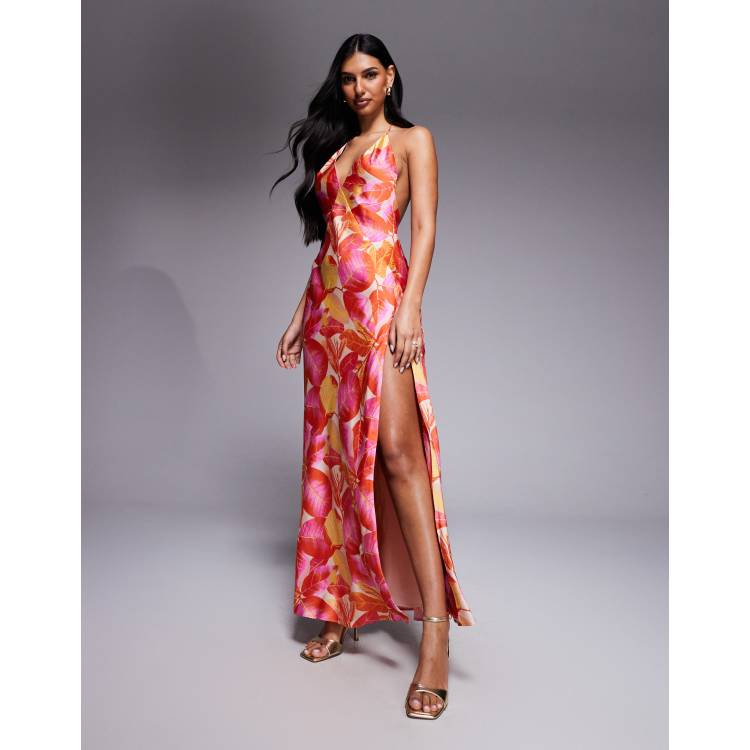 Bardot satin plunge cami backless maxi dress in pink floral print | ASOS