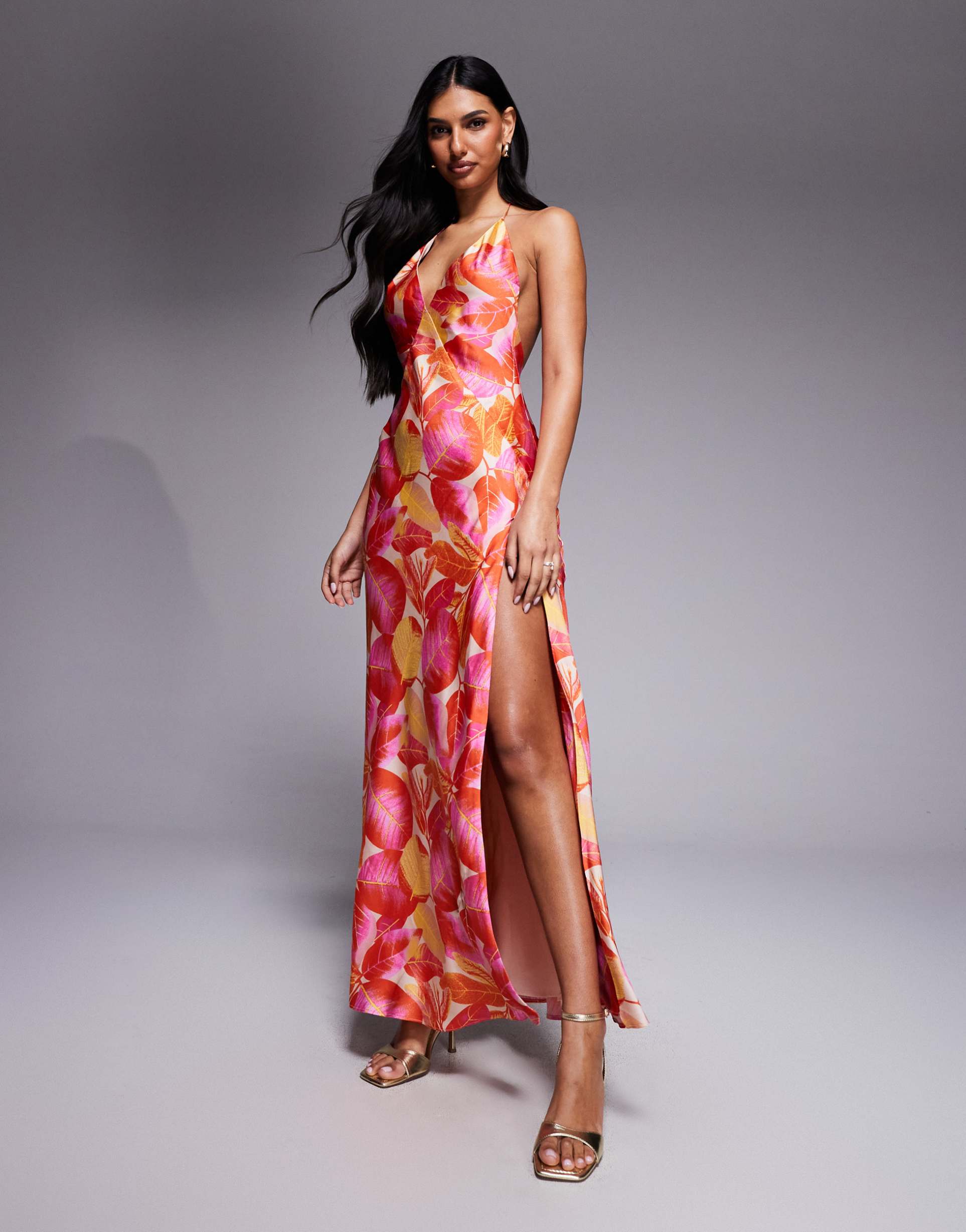bardot satin plunge cami backless maxi dress in pink floral print