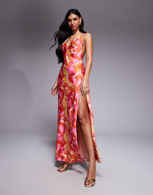 backless floral print maxi dress Bardot satin plunge cami in pink Subtle waist detailing gently Pageant Long Sleeve Backless Ruched Color:Dusty Sage
