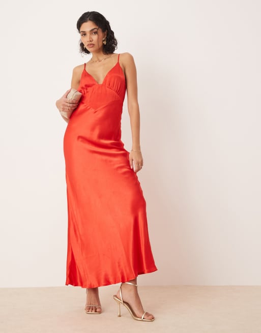 Bardot satin slip maxi dress in fiery red | ASOS