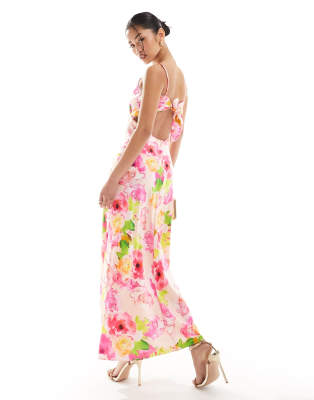 Bardot Satin Slip Midi Dress In Pink Floral