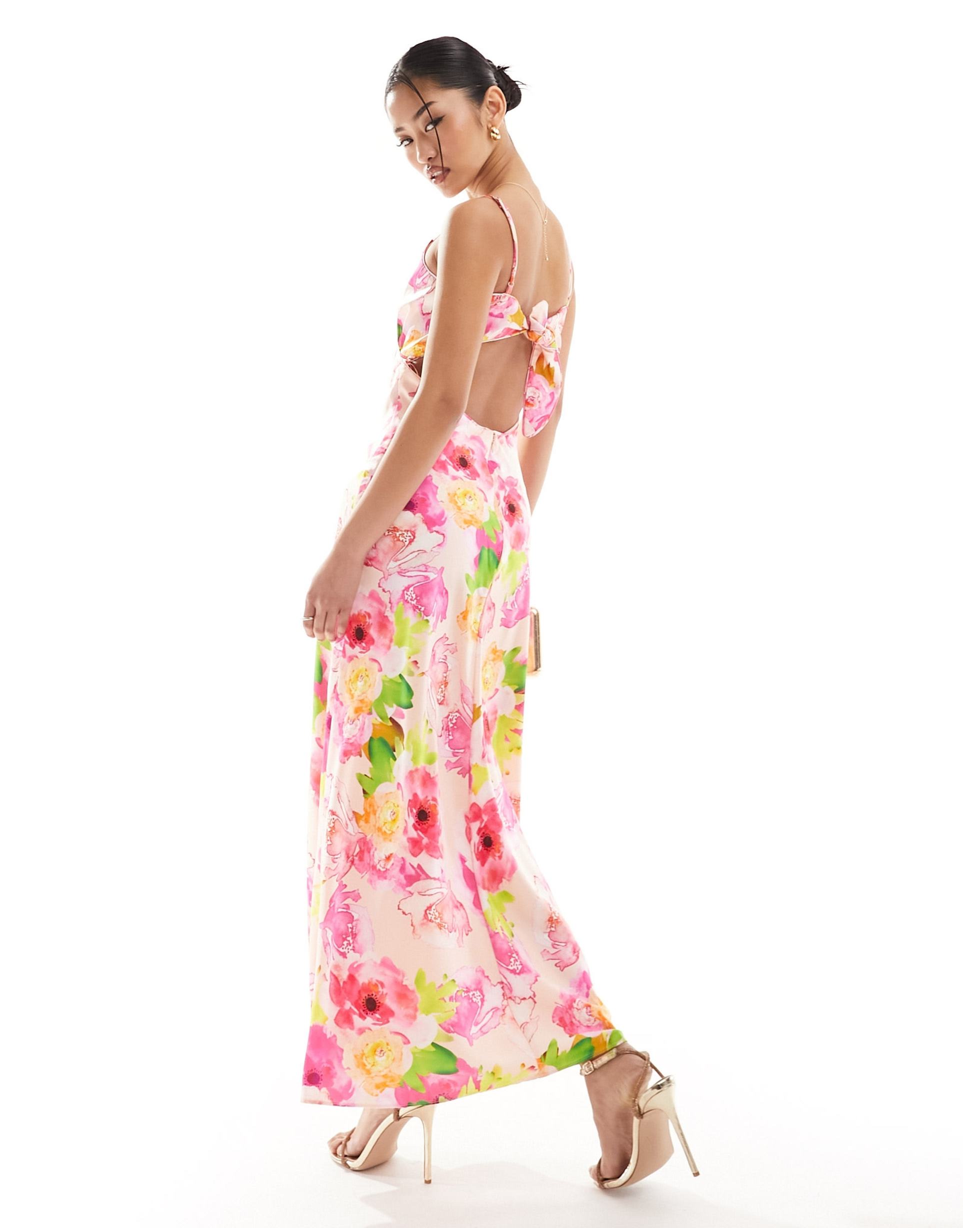 bardot satin slip midi dress in pink floral