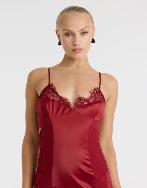 Bardot satinlinne med spetsdetalj, midiklänning i burgundy, 3 av 3