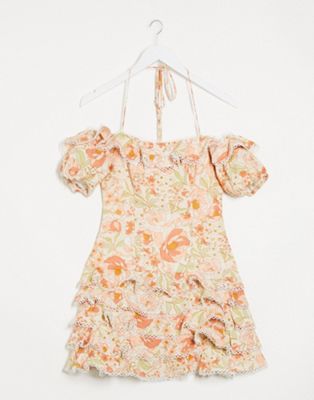 Bardot - Schouderloze mini-jurk met ruches in taupe roze