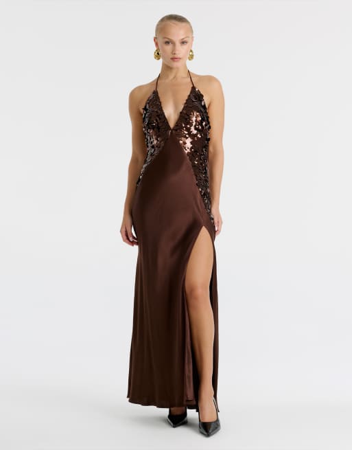 Bardot sequin cami halter neck open back slit detail maxi dress in chocolate, 3 of 3