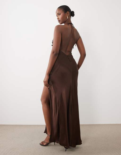 Bardot sequin cami halter neck open back split detail maxi dress in chocolate, 3 of 4