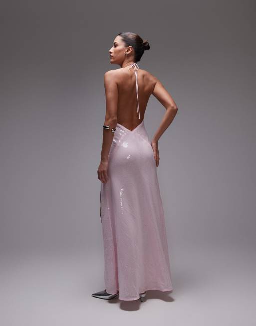 Bardot sequin corsage halter neck maxi dress in pink
