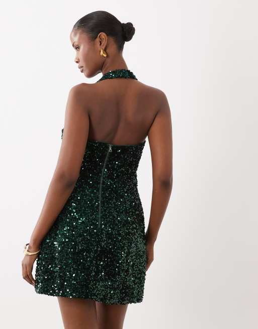 Bardot sequin halter neck skater mini dress in deep green, 3 of 4