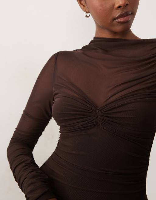 Bardot sheer mesh asymmetric high neck ruched detail bodysuit in chocolate, 2 of 4