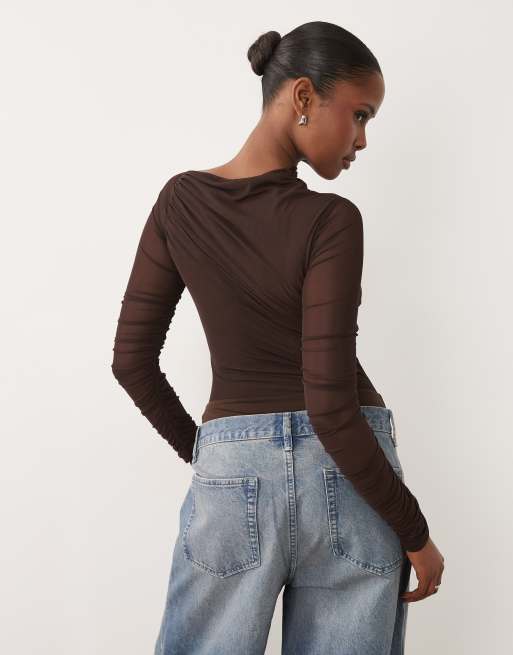 Bardot sheer mesh asymmetric high neck ruched detail bodysuit in chocolate, 4 of 4
