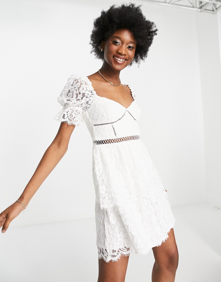 Bardot sheer sleeve lace mini dress in ivory-White
