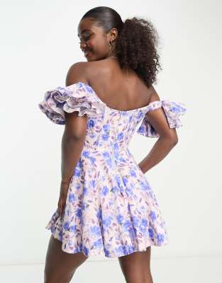 Bardot Sigma Ruffle Cold Shoulder Mini Dress In Blue Floral | ModeSens