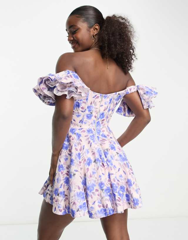 Bardot Sigma ruffle cold shoulder mini dress in blue floral