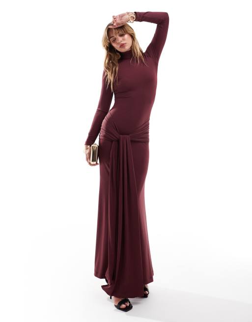 Bardot – Śliwkowa sukienka maxi wiązana z przodu 