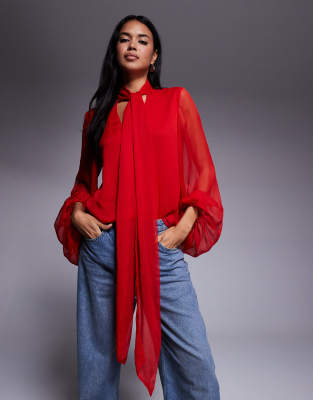 Bardot Solace Tie Front Long Sleeve Blouse In Red