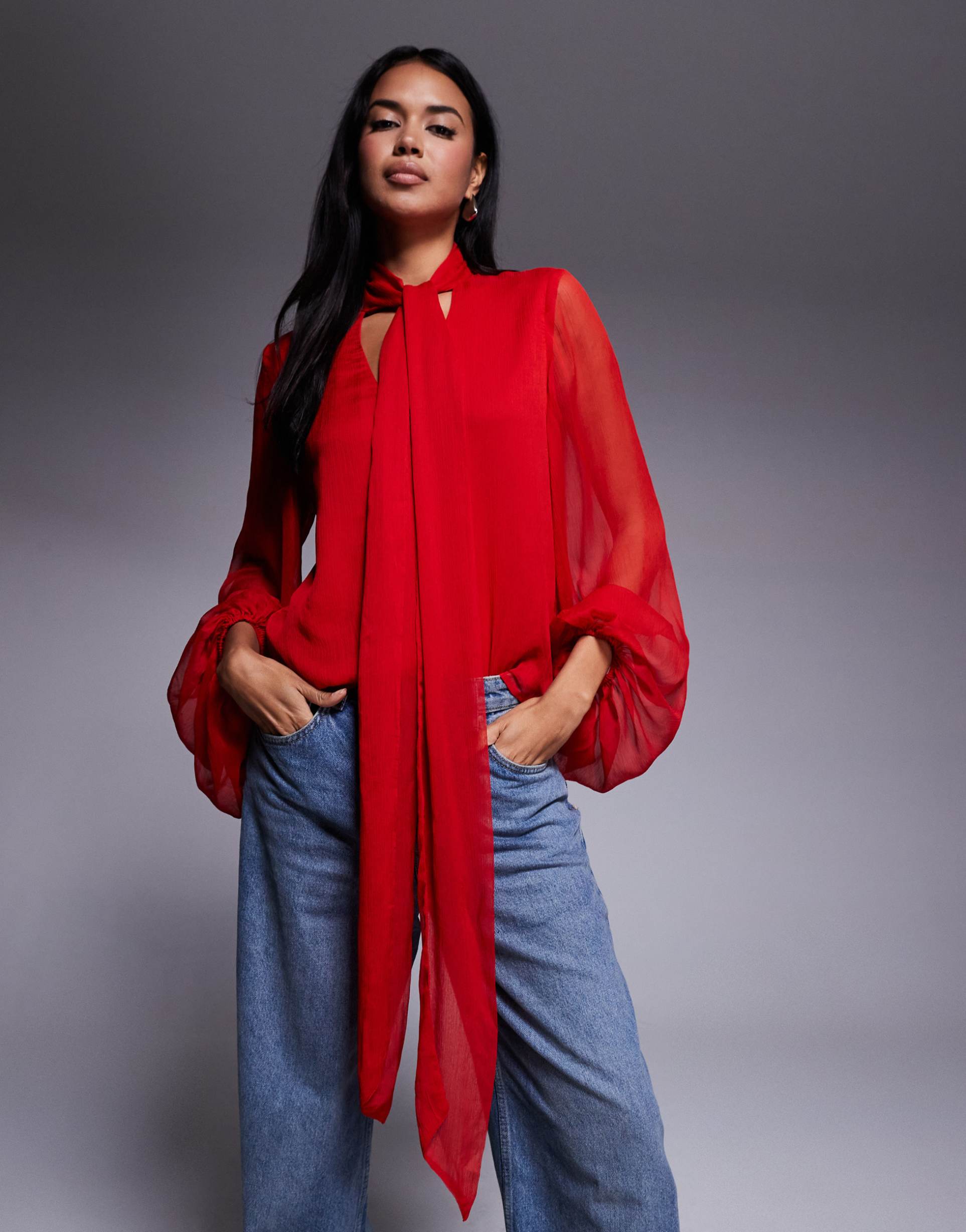 bardot solace tie front long sleeve blouse in deep red