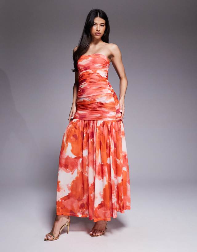 Bardot Solana mesh bandeau ruched bodice maxi dress in pink abstract print
