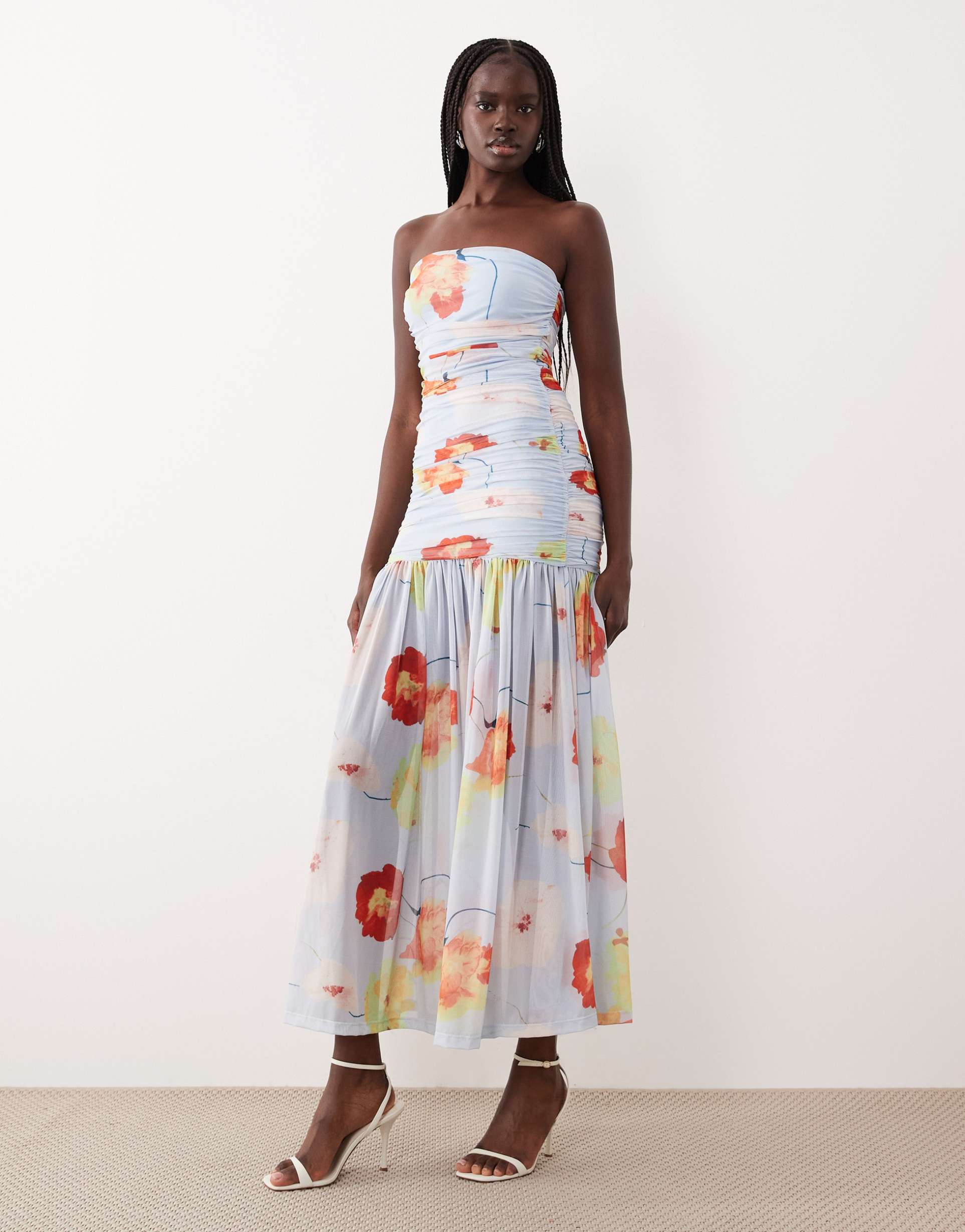 bardot solana ruched bandeau mesh maxi dress in blue floral