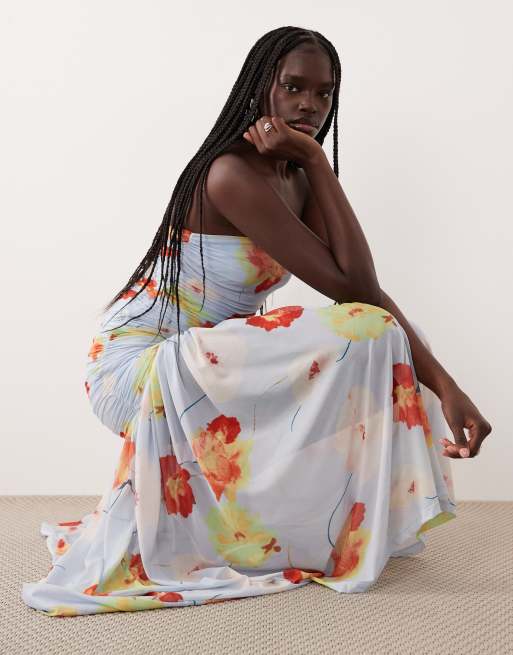Bardot Solana ruched bandeau mesh maxi dress in blue floral | ASOS