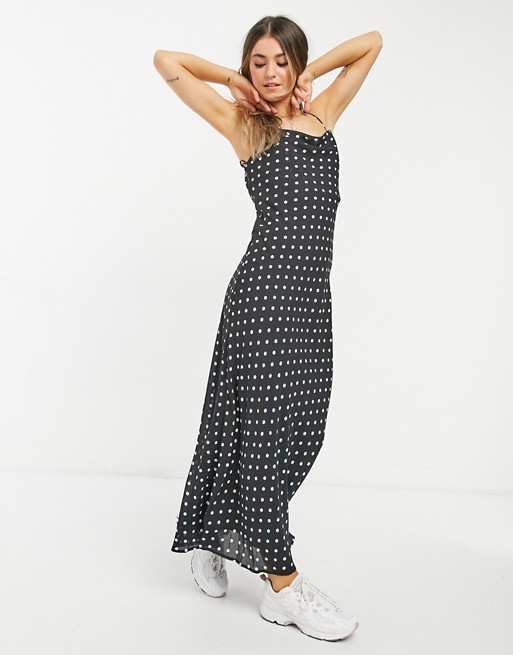 Bardot square neck backless midi dress in polka dot print