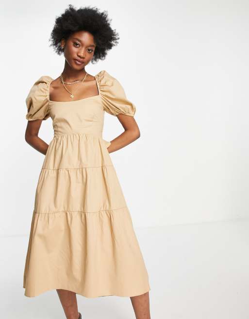 Puff Sleeve Square Neck Midi Dress