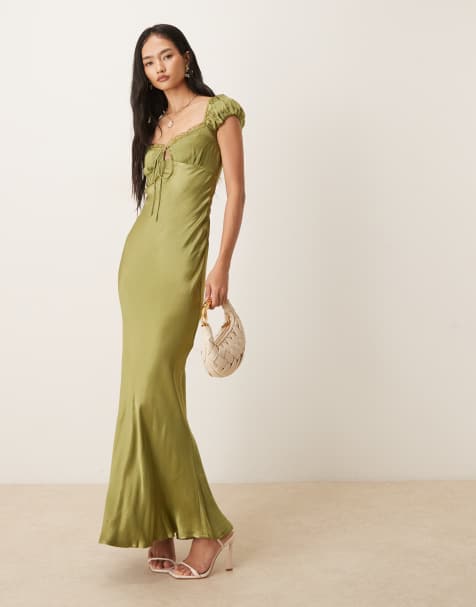 Bardot Stasia satin puff sleeve lace trim tie front detail maxi dress in olive - view 1