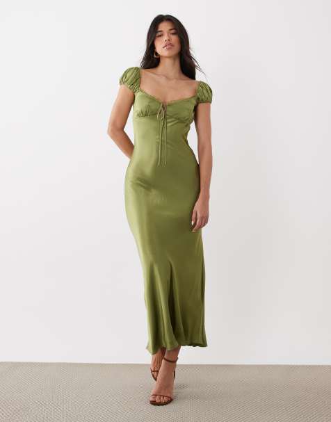 Bardot Stasia satin puff sleeve lace trim tie front detail maxi dress in olive