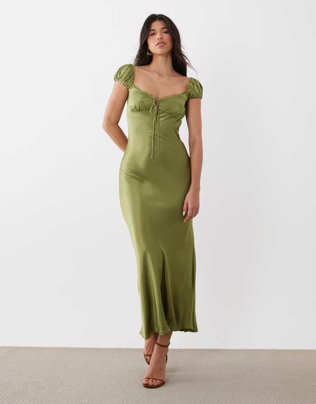 Bardot Stasia satin puff sleeve lace trim tie front detail maxi dress in olive