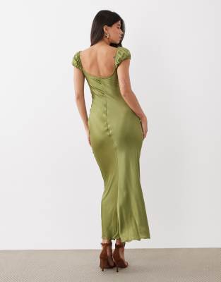 Bardot Stasia Satin Maxi Slip Dress In Green