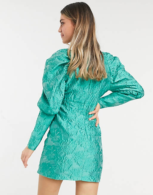  Bardot statement shoulder jacquard mini dress with button detail in vivid green 