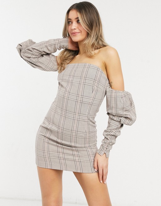 Bardot structured mini dress with puff sleeve in tan check