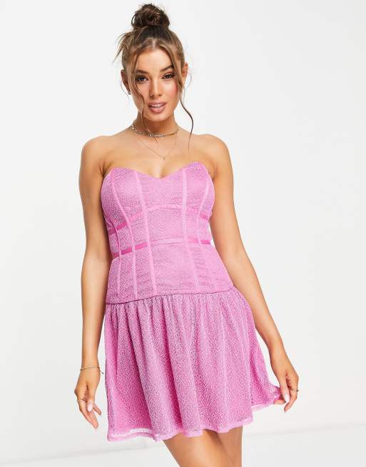 Bardot sweetheart boned corset lace mini dress in pink, 3 of 4
