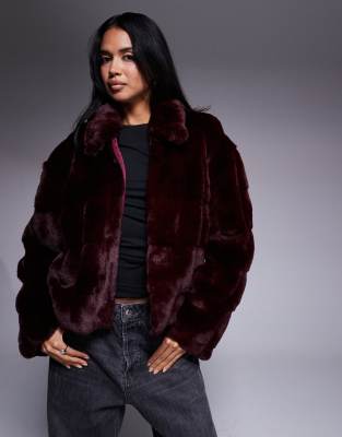 Bardot Sylvie Zip Faux Fur Jacket In Burgundy