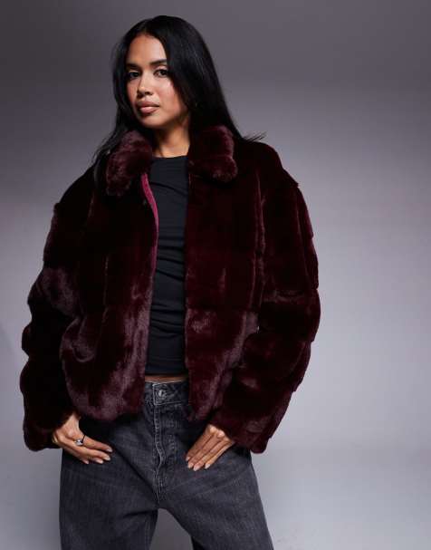 Bardot Sylvie zip faux fur jacket in burgundy