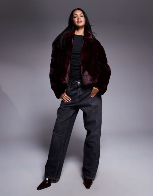 Bardot Sylvie zip faux fur jacket in burgundy, 3 of 4