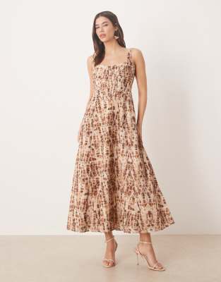 Bardot - Tailliertes Skater-Kleid in Braun in Midilänge mit abstraktem Muster und Korsettdetail-Brown