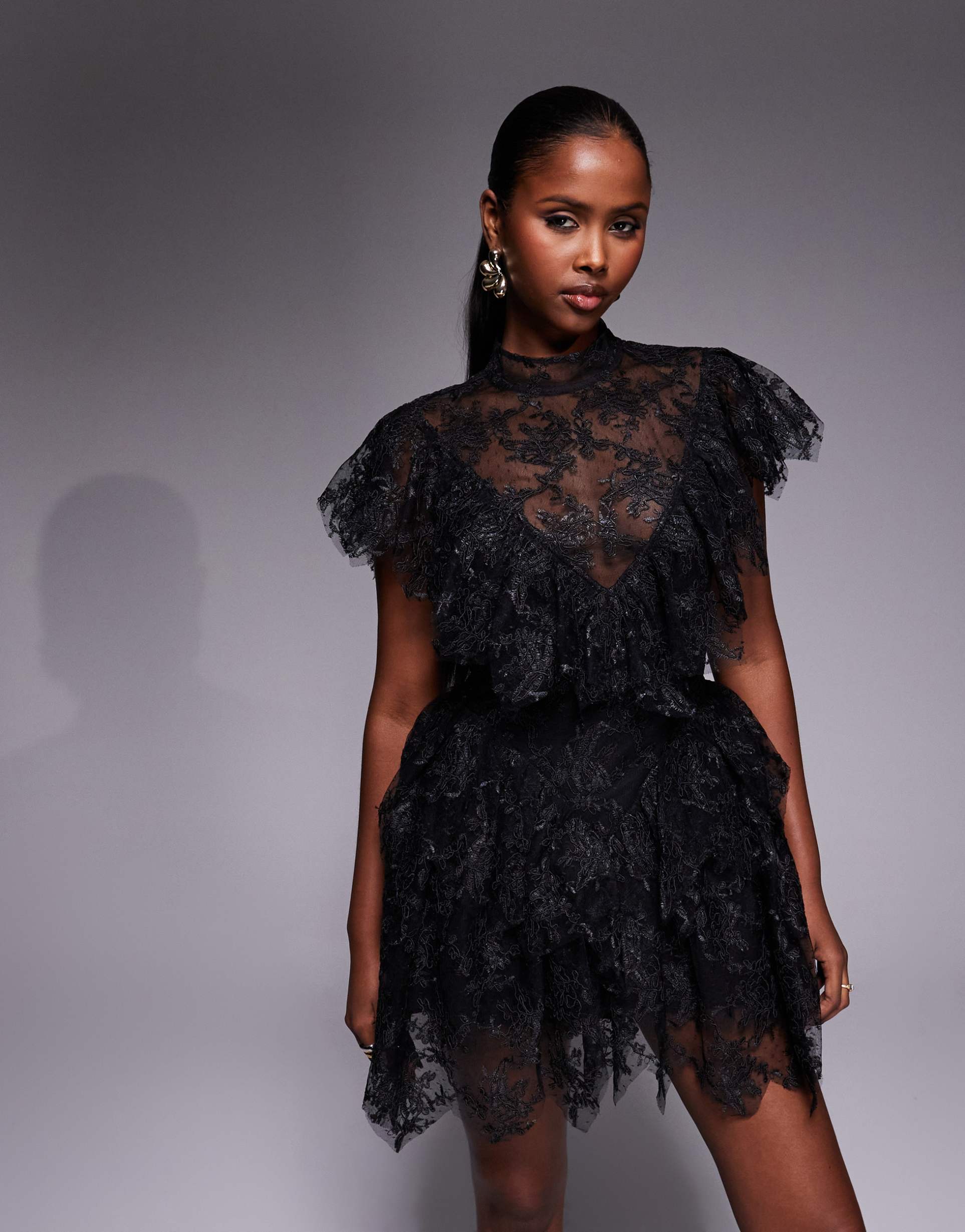 bardot tarryn high neck lace ruffle detailing scalloped hem mini dress in black